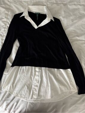 Ralph Lauren Black V-Neck Sweater with White Shirt Layer